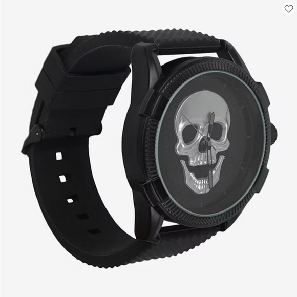 NWT ED HARDY Mens Skull Watch Black Silicone Strap 3D Silver Dial Boxed 50449B - Picture 2 of 6